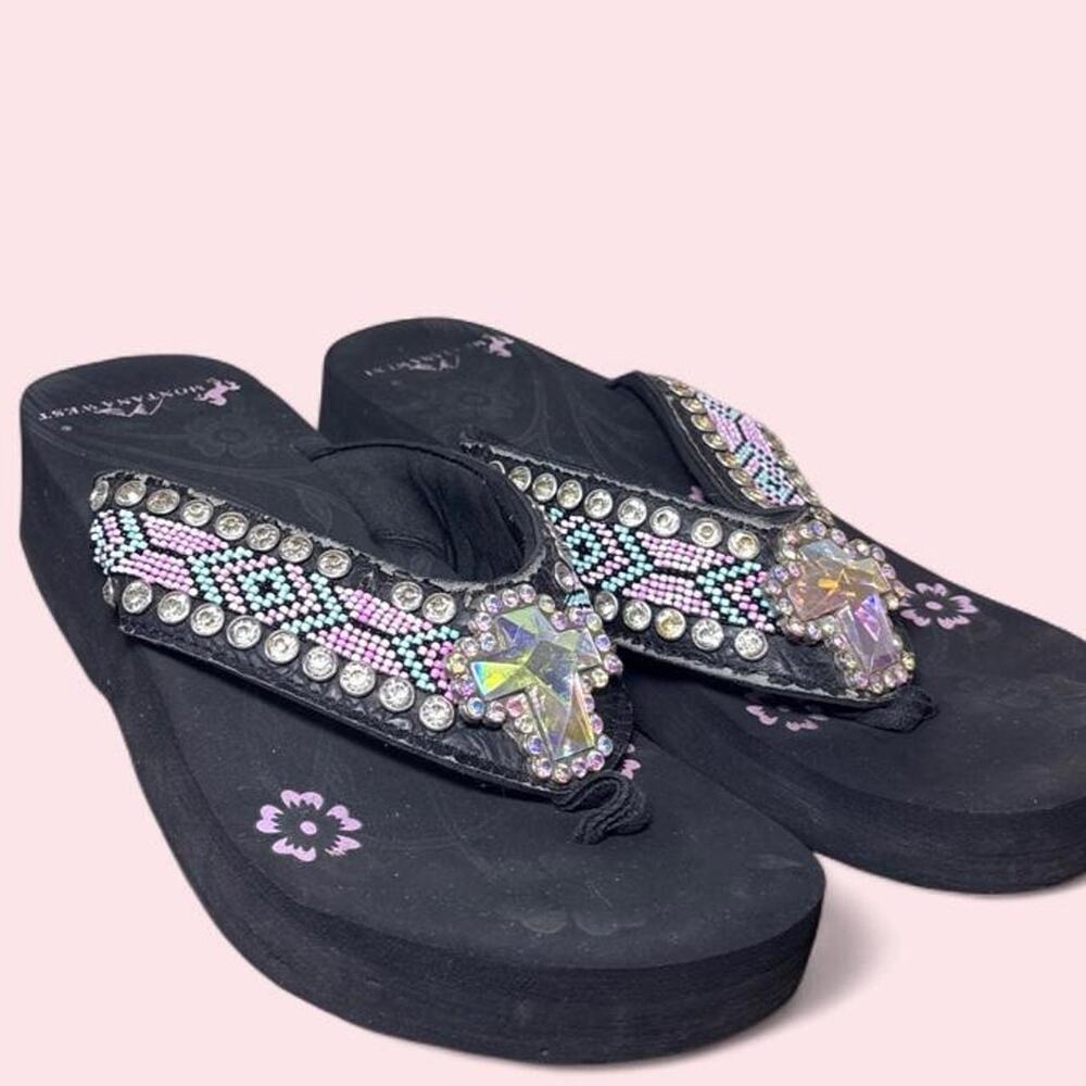 Montana West size 11 black wedge flip flops Western y2k cowgirl boho bling